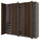 PAX wardrobe: dark brown, wood grain, four doors, open shelves, adjustable shelves.