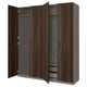 An open dark brown IKEA PAX wardrobe with shelves.