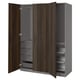 Dark wood PAX wardrobe with open drawers and shelves, various compartments.