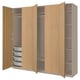 Depicts a light brown PAX wardrobe with open doors. It shelves and drawers for storage.
