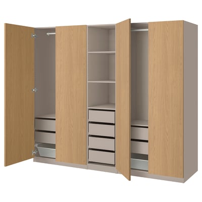 PAX wardrobe, light wood, four doors, two hanging spaces, four shelves, four drawers, modern design.