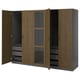 Modern wooden wardrobe, PAX model, brown tones, with open doors revealing shelves and drawers.