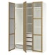 A white and wood PAX wardrobe with adjustable shelves, drawers, and mesh basket.