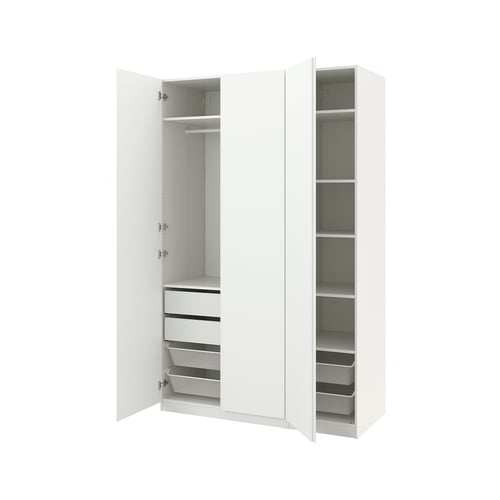 A white ikea PAX wardrobe with open doors, revealing shelves and drawers inside.