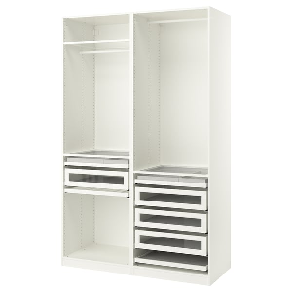 White PAX wardrobe: 2 sections, shelves, drawers, glass fronts, metal rail.