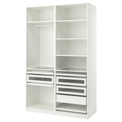 A white ikea PAX wardrobe with shelves, drawers, and a hanging rod for clothes. It glass-fronted drawers and adjustable feet.