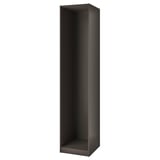 A tall, dark grey PAX wardrobe frame by IKEA. Its rectangular, made of particleboard, and designed for custom closet setups.