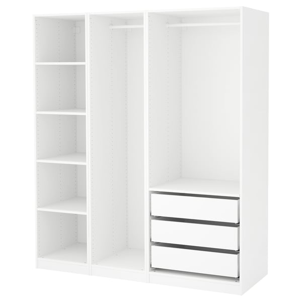 A white ikea PAX wardrobe set with open sections, featuring shelves and drawers, designed for clothing storage.