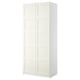 A white ikea PAX wardrobe with a sleek, rectangular design and soft-closing hinges.