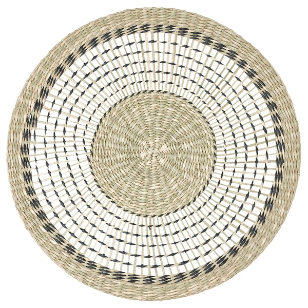 PENNFISK round woven sedge place mat, beige & black, natural handwoven design.