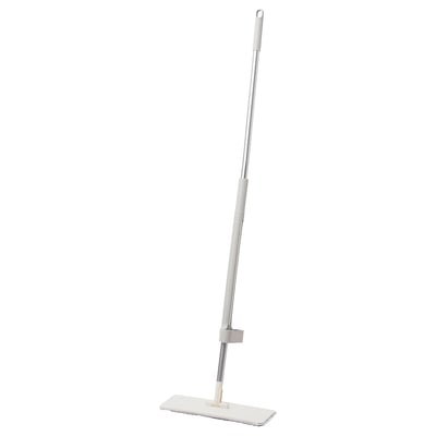 A white PEPPRIG flat mop with a telescopic handle, standing upright. It a rectangular microfiber cleaning pad at the bottom.