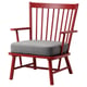 Bright red PERSBOL chair with grey cushion, wooden spindle design, inviting shape.