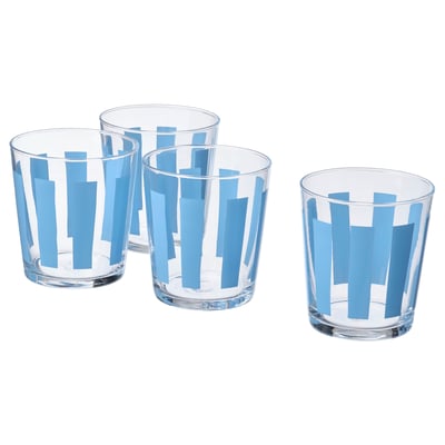 Four clear glasses with blue stripes, arranged in a row. Simple, low, straight shape with playful design.