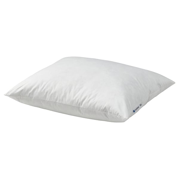 A white PILSPINNARE pillow. Its square-shaped with a soft cotton cover and a plump feather filling.