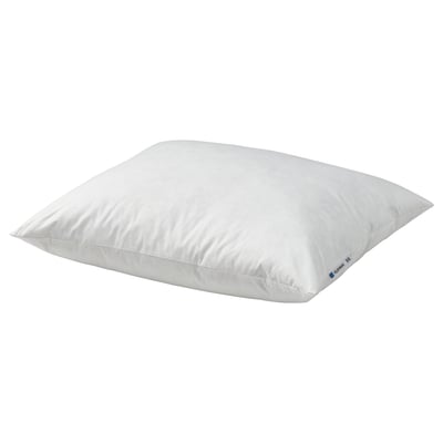A white PILSPINNARE pillow. Its square-shaped with a soft cotton cover and a plump feather filling.