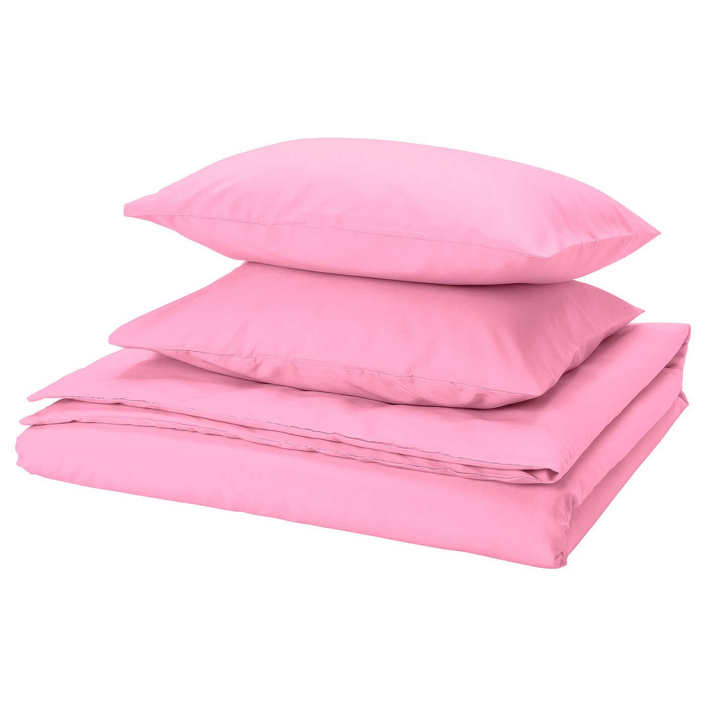 Bright pink bedding set with two pillowcases and a flat sheet, neatly folded. Made from sustainable recycled polyester and viscose materials.