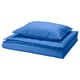 Bright blue bedding set, including duvet cover and pillowcase, made from recycled and smooth materials, neatly folded.