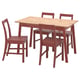 A red IKEA PINNTORP dining set. It includes a square wooden table and four matching chairs with a simple, sturdy, and classic design.