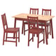 A red wooden dining set with a square table and four matching chairs. Simple and sturdy design.