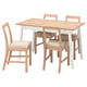 PINNTORP: rustic dining set with white table & 4 pine chairs, beige cushions.