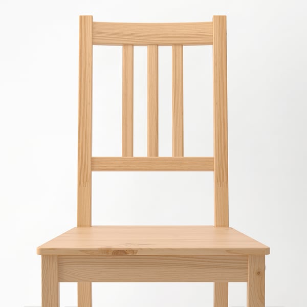 Simple wooden chair, light finish, sturdy design, vertical slatted back, comfortably smooth seat.