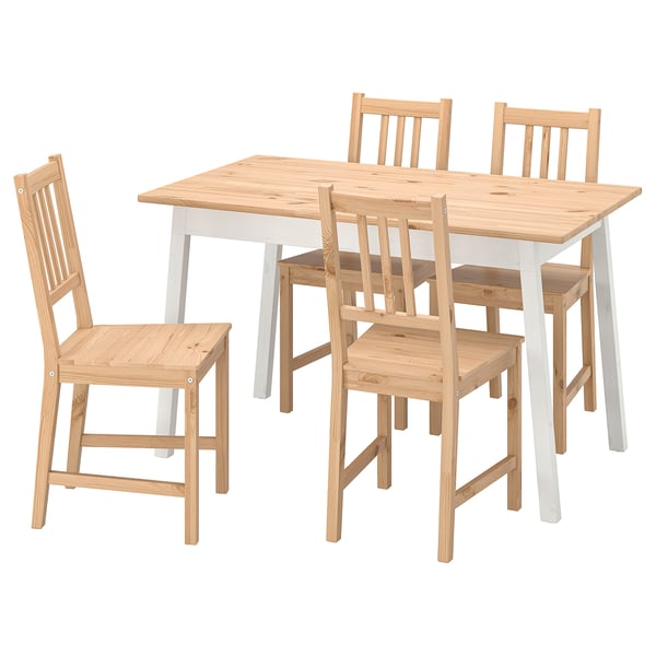 Kitchen table and chairs, white and wood, rectangular top, sturdy legs, slatted seats and backs.