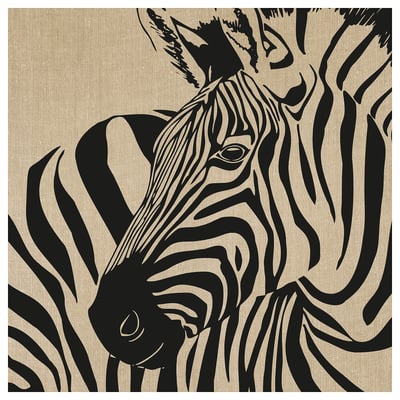 Black zebra poster, textile design, side profile on beige background, bold stripes, square shape