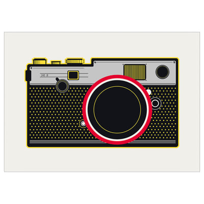 Yellow camera clock with red/white lens, black outline, retro dots.