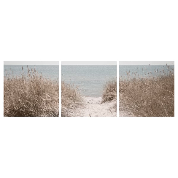 Triptych beach photo, sand, sea, grasses; art print on canvas, ready to hang.