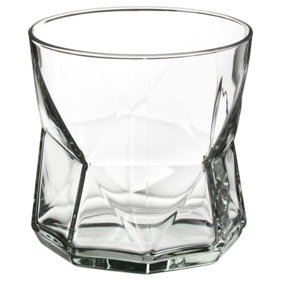 A clear, geometric-shaped glass named PLANERA, made of glass, with a diamond-like pattern.