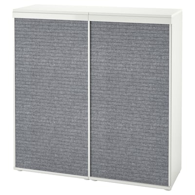 A white PLATSA storage unit with grey sliding doors, rectangular and modern in design.