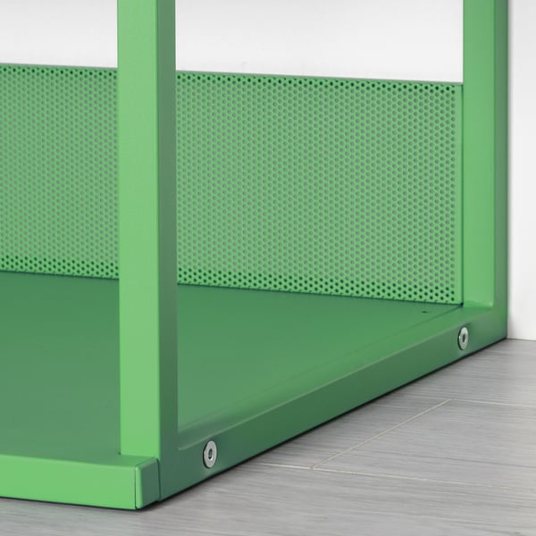 Bright green metal shelving unit with circular ventilation holes, sturdy and modern.