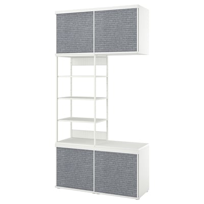 Modern white storage unit, PLATSA, grey accents, metal and particleboard, rectangular, sliding doors.