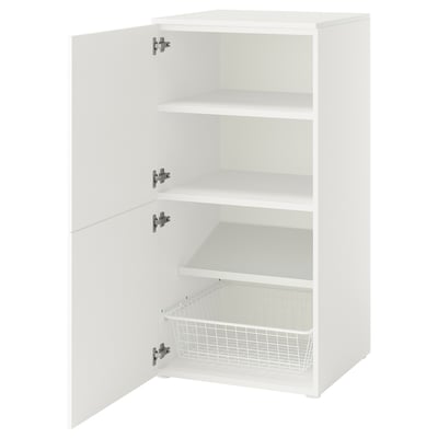 A white PLATSA storage cabinet with adjustable shelves and a mesh drawer.