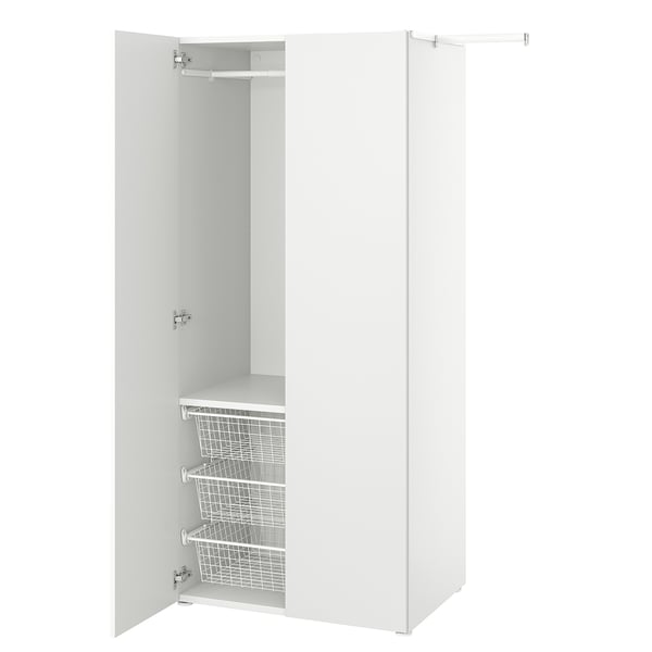 White PLATSA storage unit with wire baskets and hanging rod.