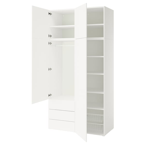 A white PLATSA storage cabinet with open doors and multiple shelves inside.