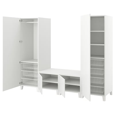 White PLATSA storage unit with open doors, wire baskets, and shelves. Modern design for space-saving.
