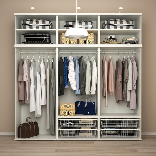 Modern wardrobe with adjustable feet, sliding doors, and sectioned storage for clothes, bags, and accessories.