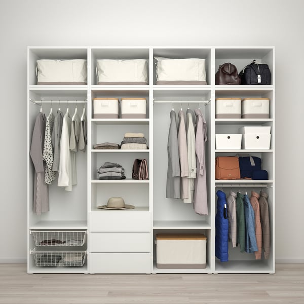PLATSA Wardrobe with 8 doors+3 drawers, white STRAUMEN mirror glass/SANNIDAL white, 240x57x221 cm