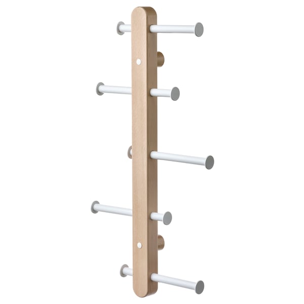A PLOGA coat rack, a wooden unit with adjustable white metal hooks.
