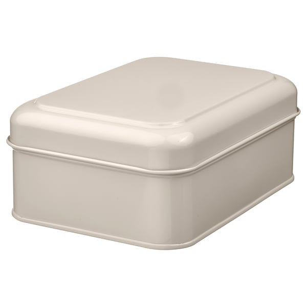 Decorative cream metal box; rectangular shape; flat top and bottom; powder-coated steel.