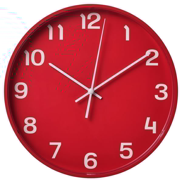 Round red wall clock with white numbers and hands, silent quartz movement.