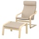 POÄNG armchair and footstool in light wood and beige fabric.