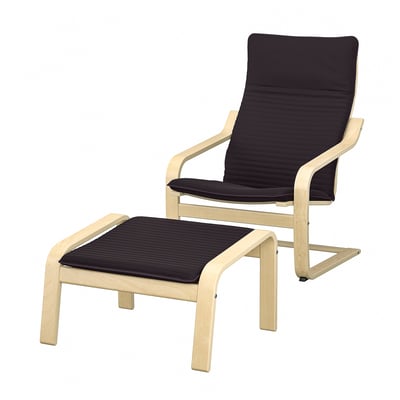 Black cushioned light wood chair and ottoman set. Modern design with a high back and curved armrests.