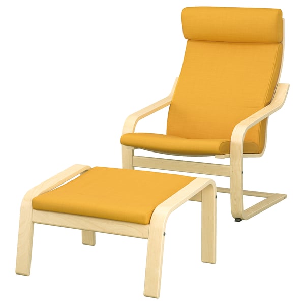 Bright yellow POÄNG chair and ottoman set. Comfortable with wooden frame, soft cushions.