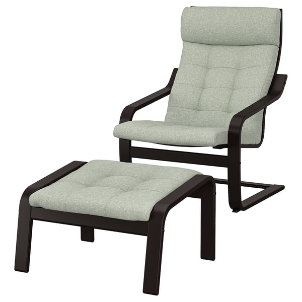 Modern recliner chair with footrest, both in light green fabric & dark wood.
