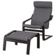 Dark grey POÄNG recliner chair with footstool, high back, sturdy frame, thick cushions.