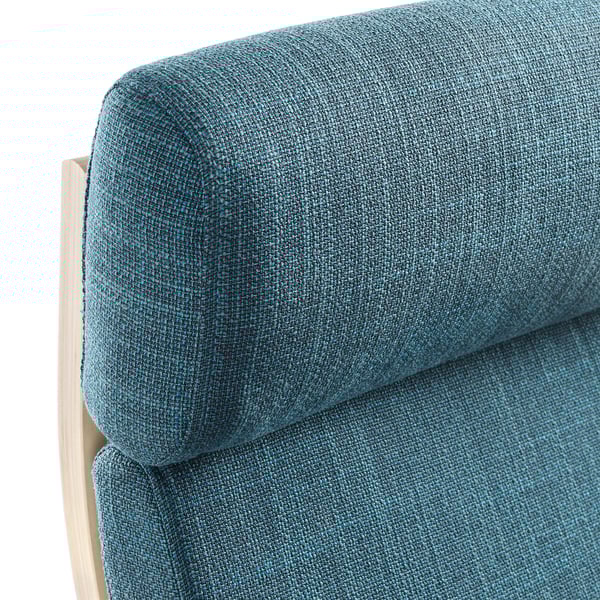 Close-up of a blue fabric armchairs cushioned backrest, showcasing its quality texture and design lines.