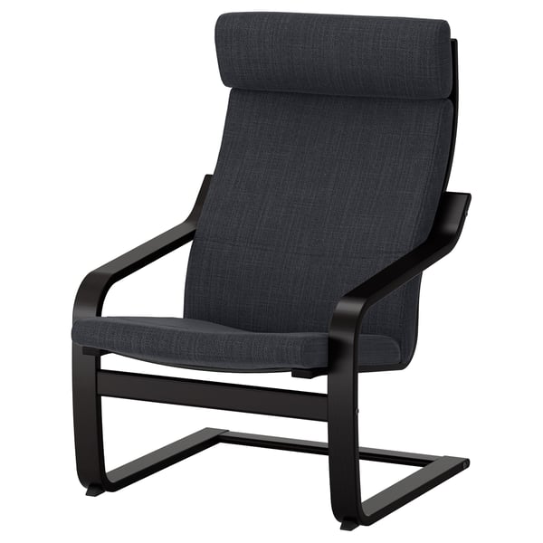 Dark grey POÄNG armchair with curved black wooden frame, high back, and cushioned seat.