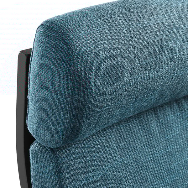 Close-up of tealPOÄNG chair, showcasing its comfy, curved design.